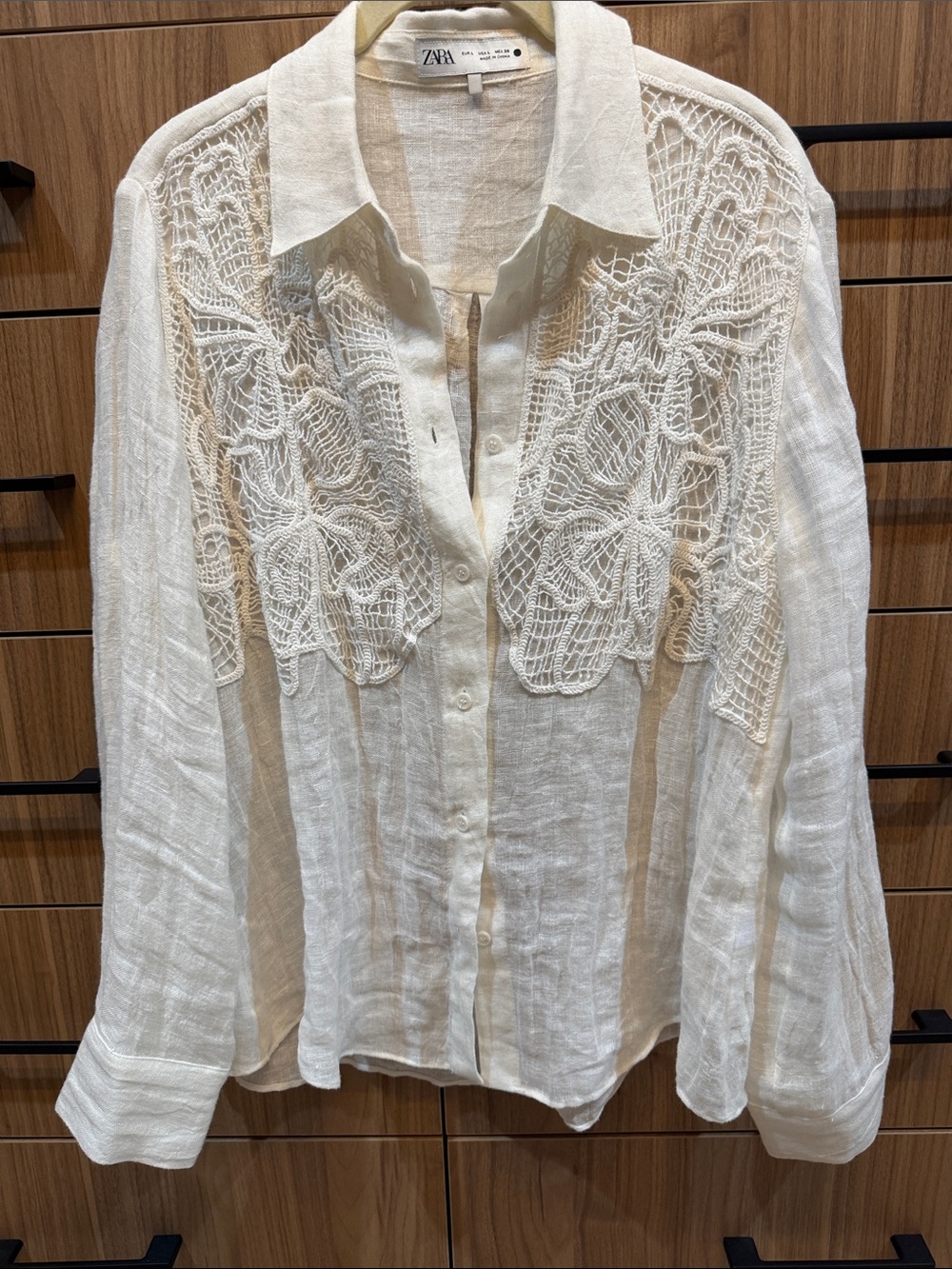Zara Cream Lace-Panel Linen Blend Button-Down Shirt - Large